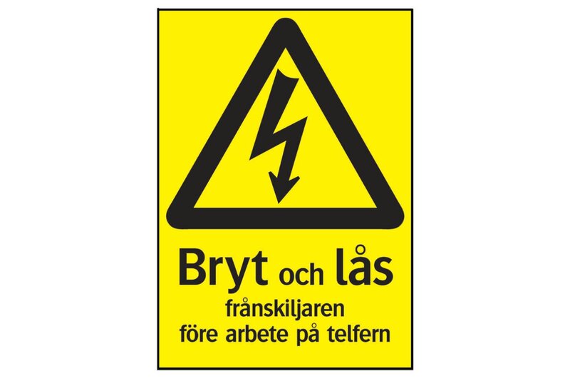 SKYLT 331114 VARNING EL BRY OCH LÅS FÖRE TELFERN 210X297MM